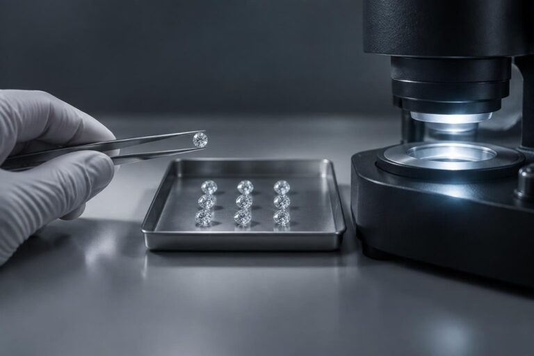 Diamenty laboratoryjne na tacy w laboratorium gemmologicznym – kontrola pod mikroskopem
