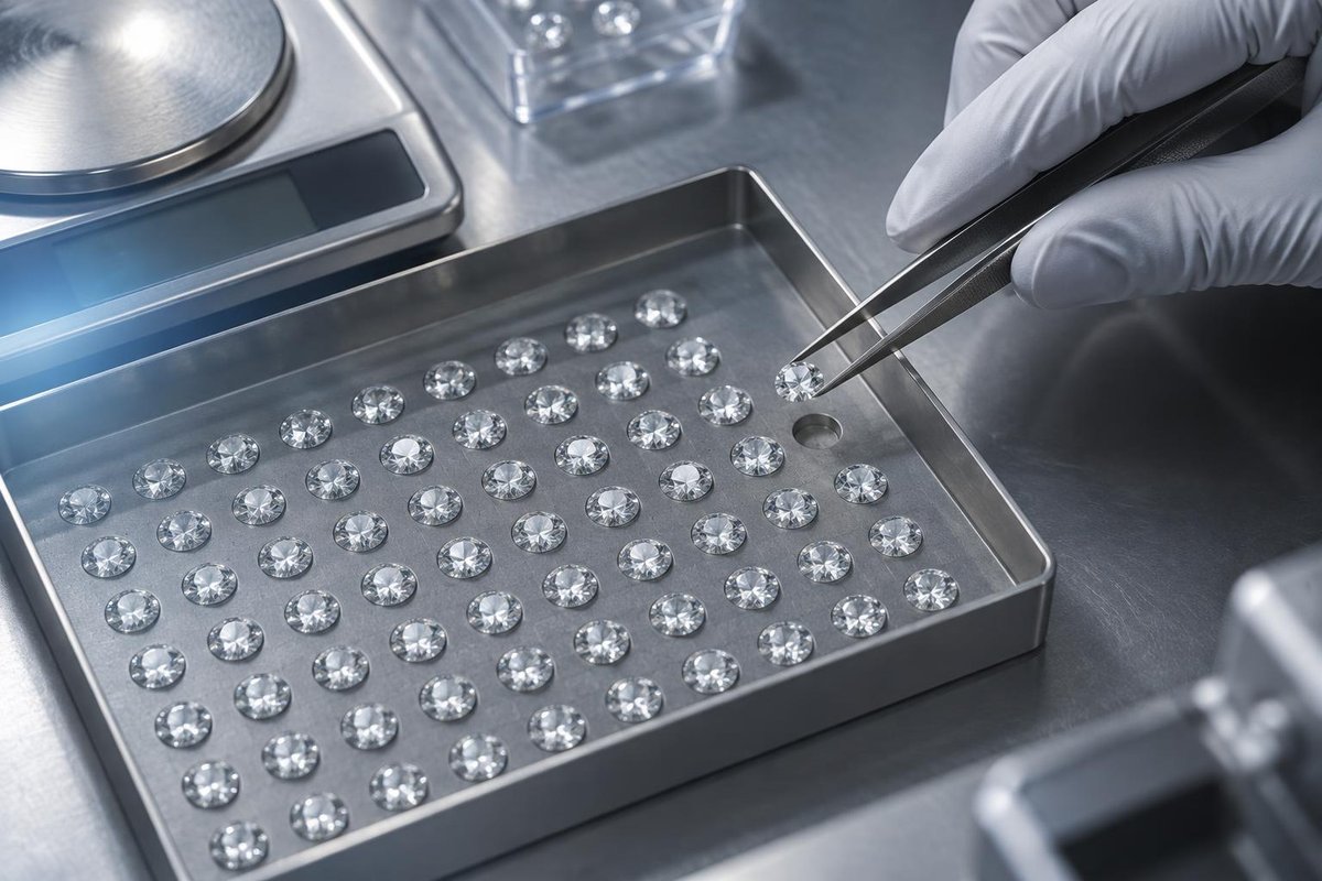 Dziesiątki identycznych diamentów laboratoryjnych na tacy – produkcja seryjna